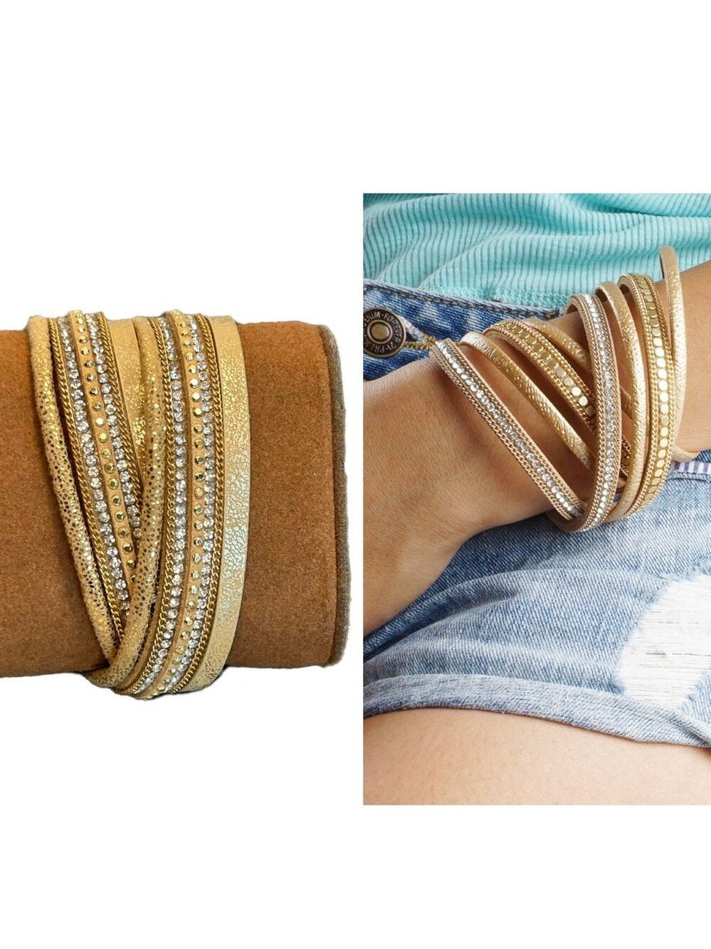 Tan caramel brown suede leather metallic gold glitter rhinestone stud bracelet
